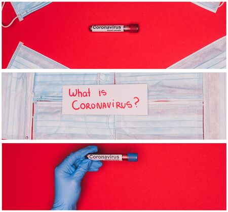 Collage of doctor holding test tube with blood sample and card with lettering what is coronavirus on medical masks on red surfaceの写真素材
