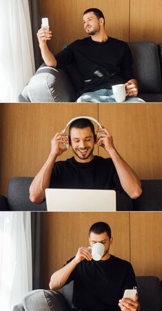 collage of happy bearded freelancer touching wireless headphones near laptop while holding smartphones and cupsの写真素材