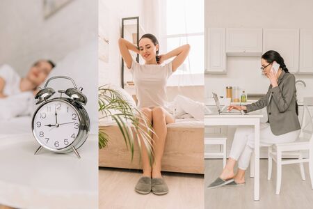collage of young freelancer sleeping, awakening, and working at home while talking on smartphone and using laptopの写真素材