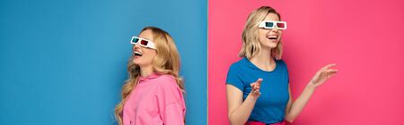 Panoramic crop of cheerful blonde sisters in 3d glasses on pink and blue backgroundの写真素材
