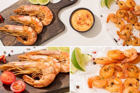 collage of fried shrimps on parchment paper on wooden board with cherry tomatoes, sauce and lime on white backgroundの写真素材