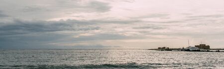 panoramic shot of white ship in mediterranean seaの写真素材