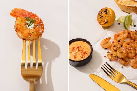 collage of fried shrimps on parchment paper with sauce and lime near golden cutlery on white...