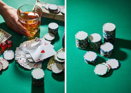 collage of woman holding glass of cognac near money, playing cards, dice and casino tokens on green