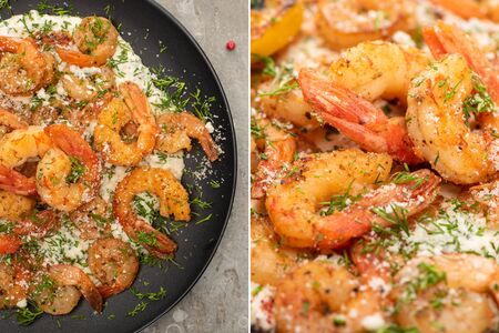 collage of fried shrimps in sauce with dill and lemon in frying pan on grey concrete backgroundの写真素材