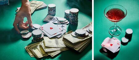 collage of female hand with casino tokens, playing cards, money and glass of cocktail on green, panoramic shotの写真素材