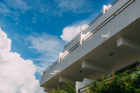 low angle view of modern building against blue sky