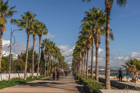 PAPHOS, CYPRUS - MARCH 31, 2020: people walking on promenade alley with palm treesのeditorial素材