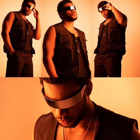 collage with handsome african american man posing in futuristic sunglasses on orange