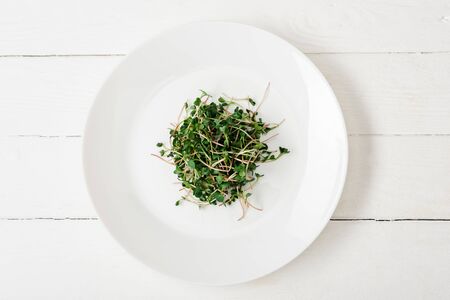top view of fresh microgreen on plate on white wooden surfaceの写真素材