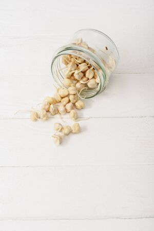 sprouts scattered from glass jar on white wooden surfaceの写真素材