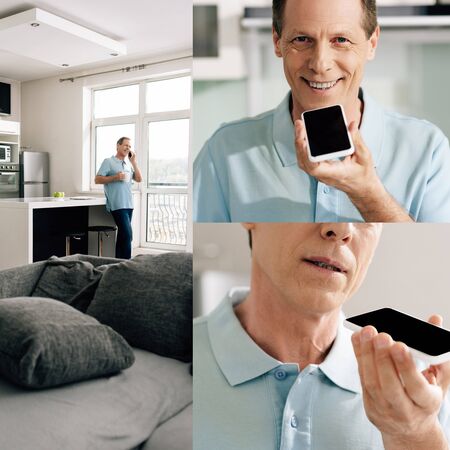 collage of man smiling and recording voice message on smartphoneの写真素材