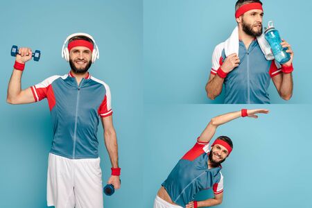 collage of happy stylish sportsman in headphones exercising with dumbbells, doing side crunch and drinking water on blue backgroundの写真素材