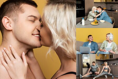 collage of couple spending time together at home during quarantineの写真素材