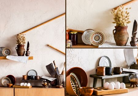 collage of catkins in clay jug near bowls, cups, knifes, and raw eggs in kitchen