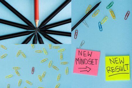 Collage of sticky notes with new mindset and new result lettering with paper clips and pencils on blueの写真素材