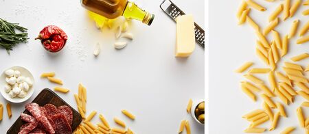 Collage of bottle of olive oil, meat platter, grater, pasta and ingredients on white background,...