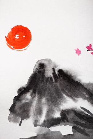 Japanese painting with sun, flowers and hill on white backgroundの写真素材