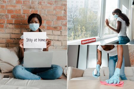 Collage of african american freelancer in medical mask with laptop holding placard and woman cleaning up and standing near windows in living roomの写真素材