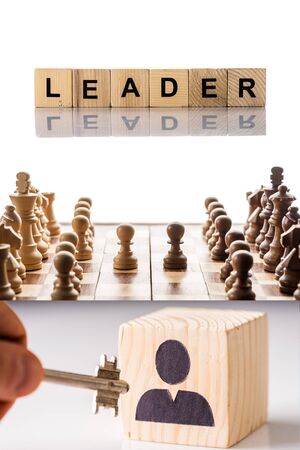 Collage of cubes with leader lettering, chess on chessboard and male hand with key on whiteの写真素材