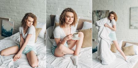 collage with curly girl in homewear holding cup of coffee on bed in morning, horizontal conceptの写真素材
