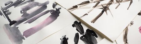 Top view of paper with Japanese painting, panoramic shotの写真素材