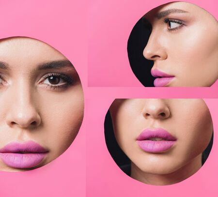 Collage of female face with smoky eyes and pink lips in round hole in paperの写真素材