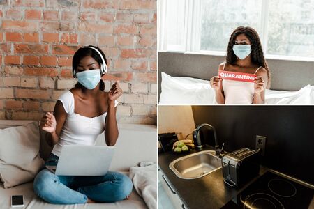 Collage of african american freelancer with headphones, laptop and smartphone in living room, woman...