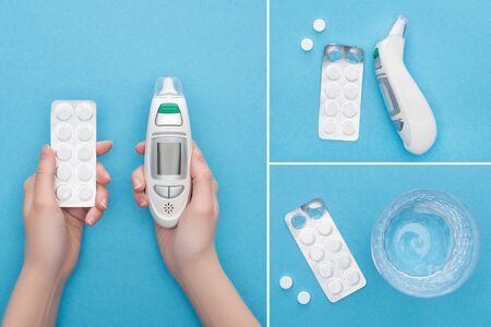 collage of female hands with pills in blister pack, ear thermometer and glass of water on blue...