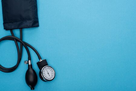 top view of sphygmomanometer on blue backgroundの写真素材