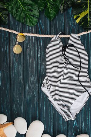 Top view of striped swimsuit near sunglasses, leaves and sea stones on dark wooden backgroundの写真素材