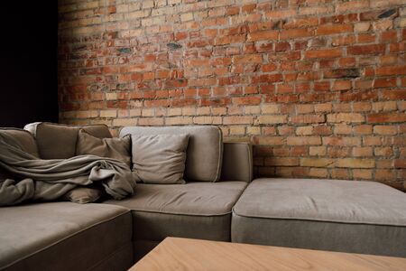 interior of living room grey sofa and table