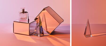 collage of crystal transparent pyramid and perfume bottle with mirror cubes on pink background