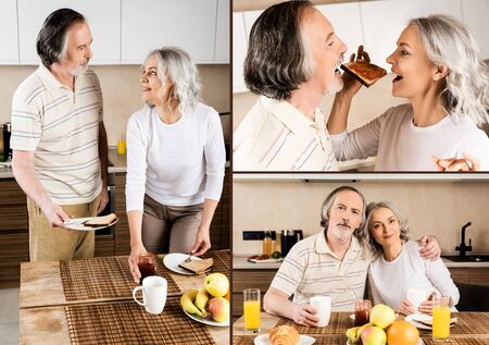 collage of happy mature couple eating tasty breakfast at homeの写真素材