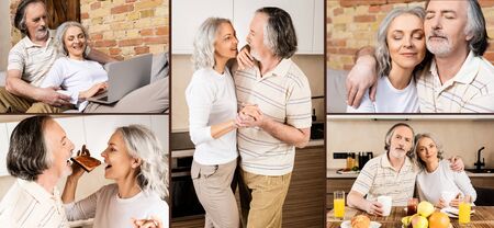 collage of mature couple dancing, eating breakfast and using laptop