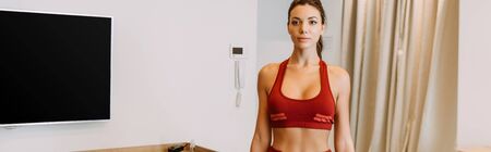 beautiful athletic girl training at home during self isolation, panoramic conceptの写真素材