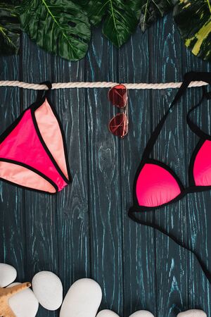Top view of pink swimsuit near sunglasses, leaves and sea stones on dark wooden surfaceの写真素材