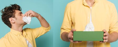 Collage of man blowing out nose with napkins and holding box on blue, panoramic shotの写真素材