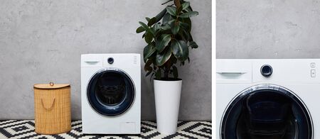 collage of modern washing machines near green plant, laundry basket and ornamental carpet in bathroomの写真素材