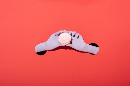 cropped view of woman in gloves holding tasty dessert on redの写真素材