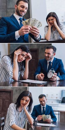 Collage of collector with money and alarm clock pointing at documents near woman at table in roomの写真素材