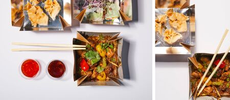 collage of takeaway boxes with fried dumplings and spicy pork near sauces on whiteの写真素材