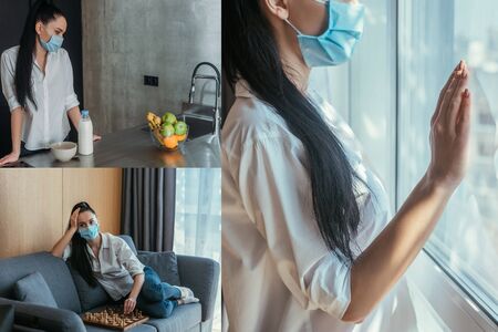collage of depressed woman in medical mask looking through window, sitting on sofa near chessboard,...