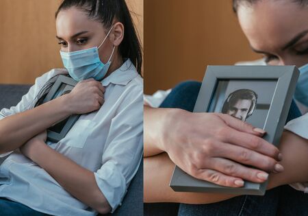 collage of depressed young woman grieving while holding photo of boyfriend near chestの写真素材