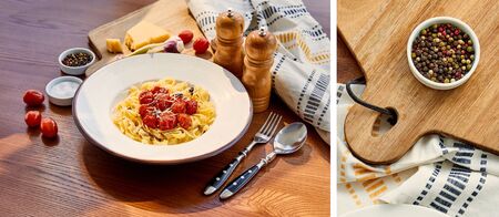 collage of delicious pasta with tomatoes served on wooden table with cutlery, napkin, seasoning and...