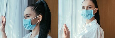 collage of sad young woman in medical mask standing near window at homeの写真素材
