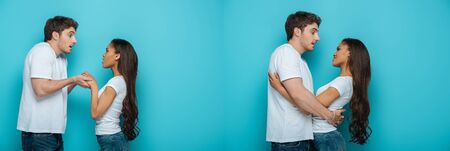 collage of young man holding hands of african american girlfriend and embracing her on blue...