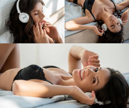 Collage of sexy woman with headphones lying and smiling on bed in bedroomの写真素材