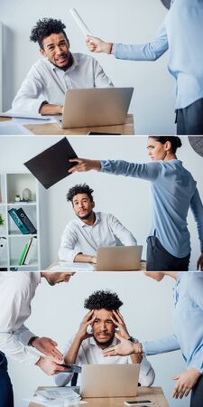 Collage of multiethnic business people quarreling at offended african american colleague in officeの写真素材