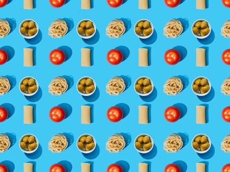 top view of fresh pasta with olives, tomatoes on blue background, seamless pattern
